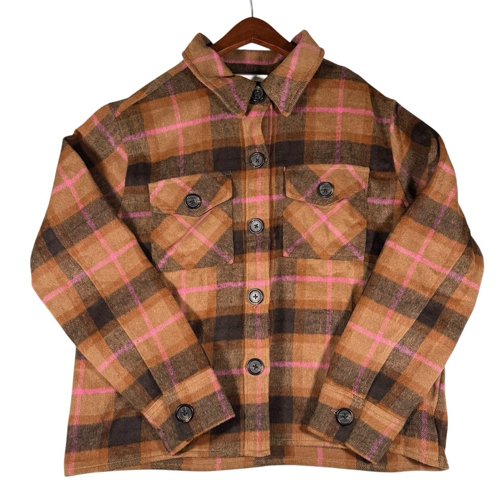 NWT Boxy Shacket Women XL Brown Pink Plaid Oversized Jacket Coat MSRP $119‎